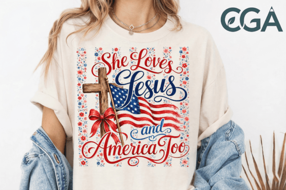 Floral She Loves Jesus and America PNG