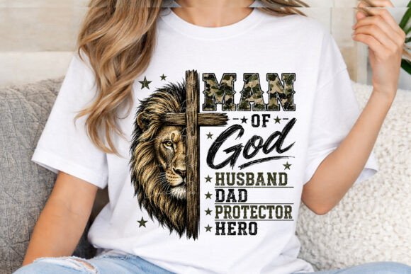 Man of God PNG: Christian Lion Cross Dad T-Shirt Designs