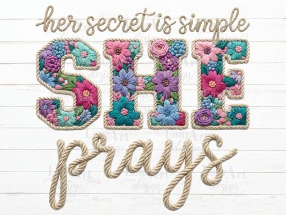 SHE Prays Faux Embroidery Christian Text T-Shirt Designs